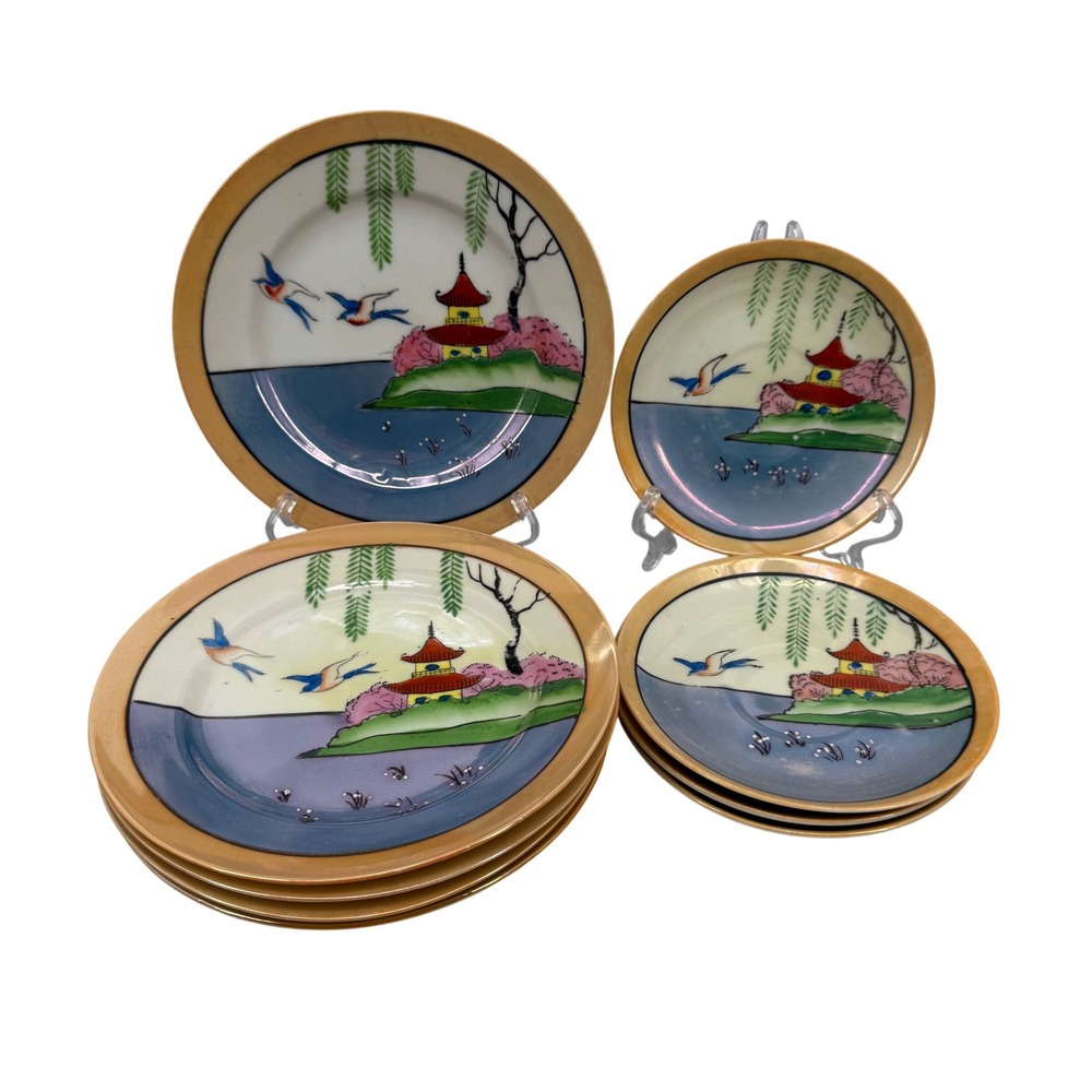 Vintage Japanese Lusterware Pagoda Plate Set 8pc Hand Painted Landscape 1950s